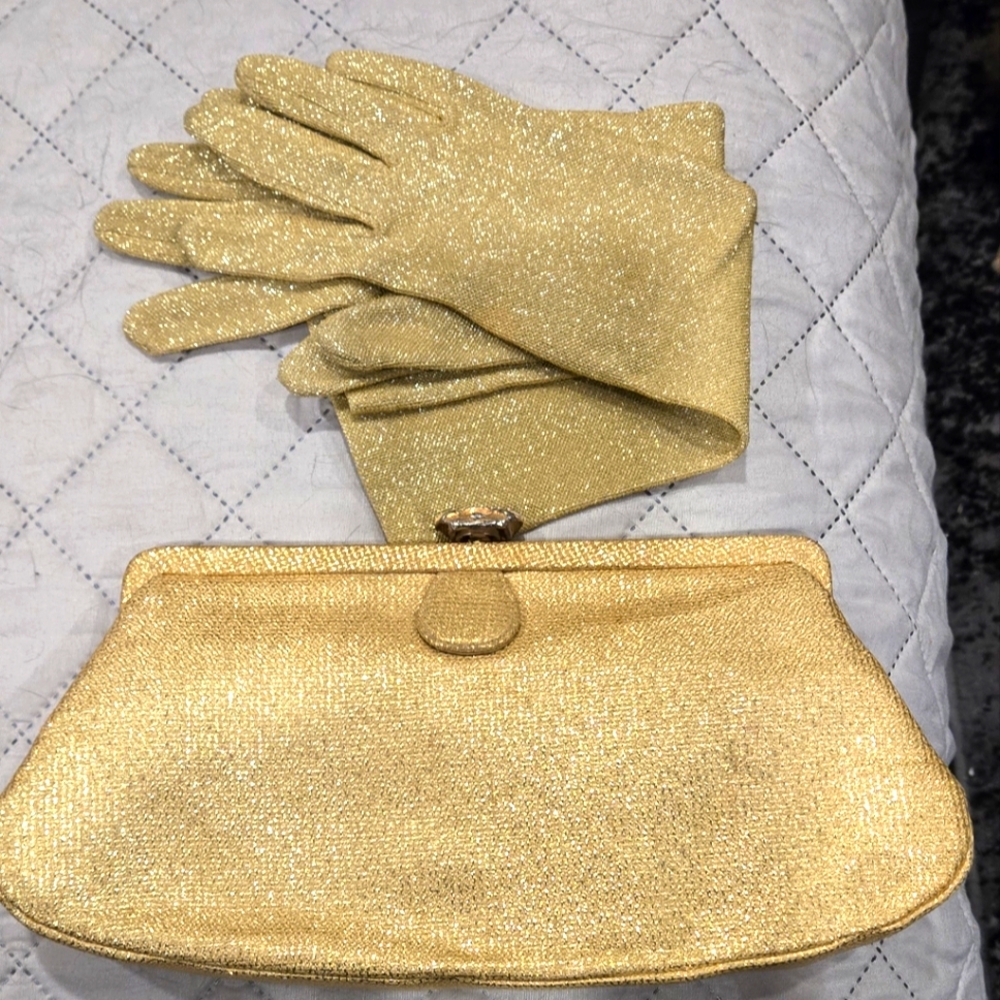 Vintage Lafrance gold handbag with matching gloves